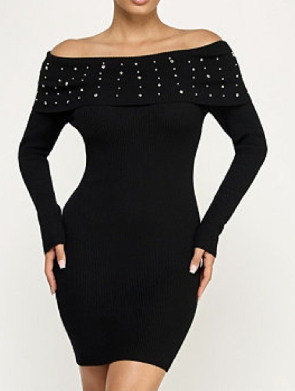 NEW Off-Shoulder Black Rhinestone Studded Glamorous Fitted Sweater Dress